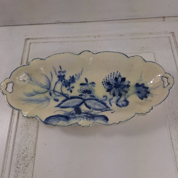 Vintage Blue and Off White Floral Elongated Plate - Picture 2 of 7